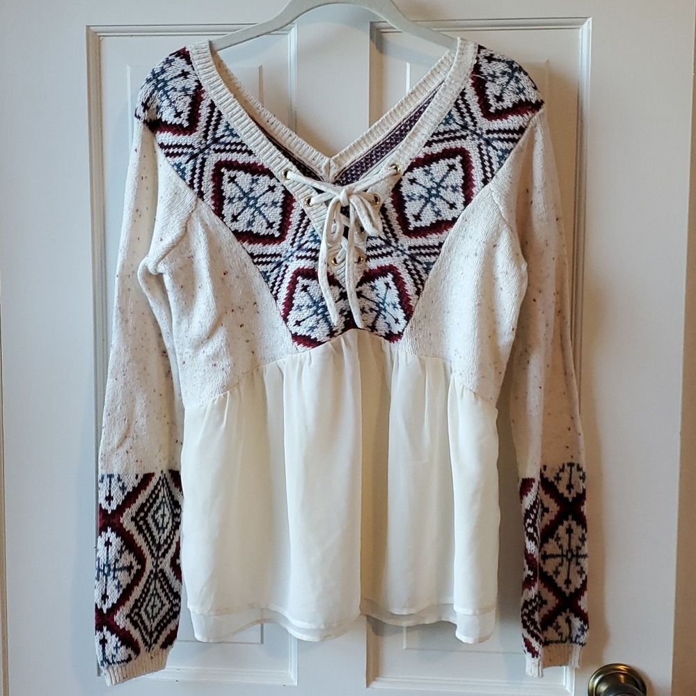 ABERCROMBIE & FITCH MIXED MEDIA SWEATER TOP FAIR ISLE CREAM RED Y2K SZ MEDIUM